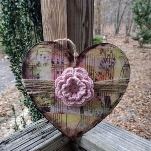 Rustic Heart Wall Art with Crochet Flower
